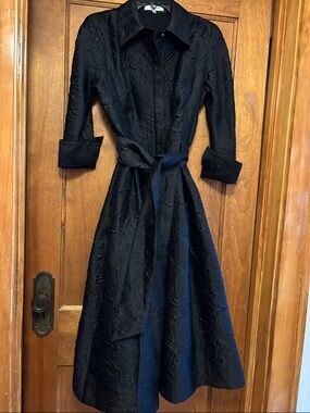 Ricki Freeman for Teri Jon Black Organza Long Sleeve Formal Shirt Dress w/ Tie